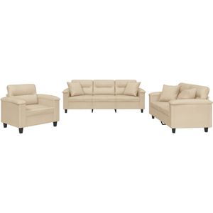 The Living Store 3-delige Loungeset met kussens microvezelstof crèmekleurig - Loungeset - Microfiber Sofa - Lounge Set Crème - Salon Meubilair - Bankstellen