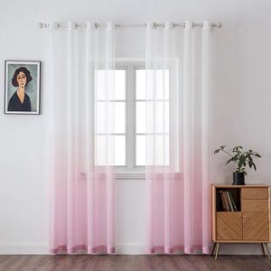 Set van 2 transparante gordijnen, kleurverloop, voile vitrages met oogjes, decoratief raamgordijn voor slaapkamer en woonkamer, 260 cm x 140 cm (H x B), wit en roze