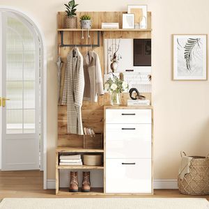 Pugsdrly Garderobeset 100*38,5*190 cm met spiegel, schoenenbank, schoenenkast, halmeubel, hangende plank, compacte garderobe, met 1 lade en 2 kasten, veel opbergruimte, wit + originele houtkleur