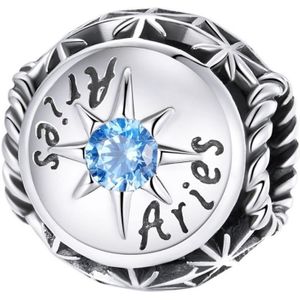 Sterrenbeeld ram bedel met licht blauwe zirkonia geboortesteen | zodiac aries bead | Zilverana | geschikt voor alle bekende merken | 925 zilver | moederdag
