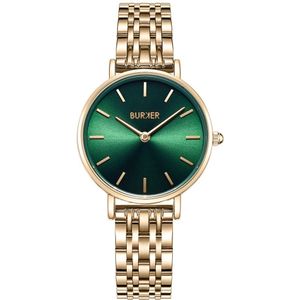 BURKER Ruby Petite Horloge Dames Rond - Goud Groen - Schakelband - Waterdicht - 28 mm