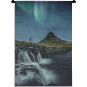 Wandkleed Natuur  - Toerist bij het Noorderlicht Wandkleed katoen 120x180 cm - Wandtapijt met foto XXL / Groot formaat!