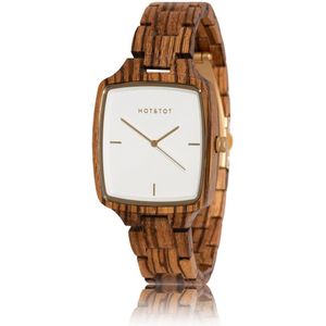 HOT&TOT | Donar - Houten horloge voor heren - Vierkant - Zebrano hout - 40mm - Goud - Wit