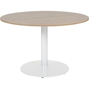 Schaffenburg linesto 120cm ronde vergadertafel op vaste hoogte (74cm) met krijtwit 25mm blad en witte (ral9010) trompetvoet