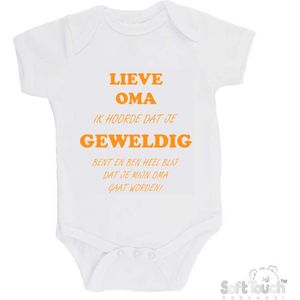 100% katoenen Romper ""Lieve oma ik hoorde dat je geweldig bent en ben heel blij dat je mijn oma gaat worden!"" Unisex Katoen Wit/mosterd Maat 62/68