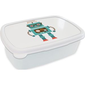Broodtrommel Wit - Lunchbox - Brooddoos - Robot - Bril - Tandwielen - Gezicht - Jongens - Kids - 18x12x6 cm - Volwassenen