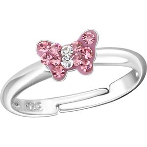 Joy|S - Zilveren vlinder ring - roze en wit kristal - verstelbaar - voor kinderen