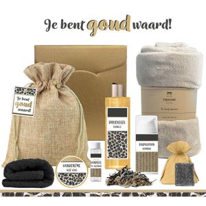 Geschenkset “Je bent goud waard!” - 8 producten - 1070 gram | Luxe Cadeaubox voor haar - Wellness Pakket Vrouw - Giftset Vriendin - Moeder - Cadeaupakket Collega - Cadeau Zus - Verjaardag Oma - Moederdag - Kerstpakket - Kerst Cadeau - Goud - Bruin