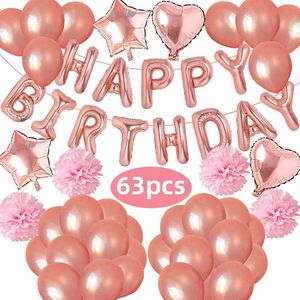 Rose goud verjaardag versiering - Babydouche ballonnen XXL pakket - Happy birthday slinger