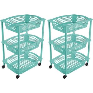 2x stuks keuken/kamer opberg trolleys/roltafels met 3 manden 62 x 41 cm turquoise blauw - Etagewagentje met opbergkratten