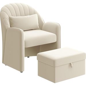 Fauteuil met Kruk en Opbergruimte - Comfortabele Fluwelen Oorfauteuil met Rugkussen in Bloembladvorm (Beige)