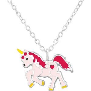 Ketting kinderen | Zilveren ketting met eenhoorn/unicorn, rood en roze | WeLoveSilver