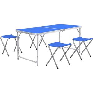 Hanimo Inklapbare Campingtafel Met 4 Krukken - Campingtafel Inklapbaar - Campingtafel Met Stoelen - Picknicktafel - Campingtafel - Campingstoelen - Verstelbare Hoogte - Blauw - 60x120cm