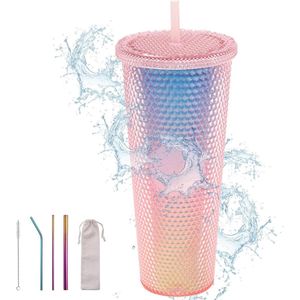 Herbruikbare plastic drinkbeker met deksel en rietje - 710 ml - roze - voor ijskoffie/water - koude drinkbeker - reisbeker .