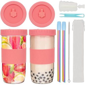 ZgoEC 24 oz Bubble Tea Beker met Rietje en Deksel, Verpakking van 2 Drinkglazen met Deksel en Rietje, Bubble Tea Glazen, Glazen Beker met Rietje, Smoothie Beker, Tumbler Beker voor Boba Koffie Smoothie.