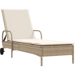 vidaXL Ligbed met wielen en kussen poly rattan beige - Ligbed - Ligbedden - Tuinstoel - Tuinmeubel