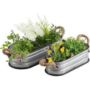 Ovale zinken kuipen met touwgreep - Set van 2 - Vintage design - Plantenschaal voor buiten en binnen - Metalen bakken - Zilver - Planten - Bloembak - Paletten •