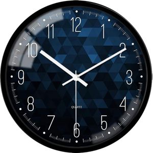 Home 12 inch batterij aangedreven stille niet-tikkende wandklok moderne klok Arabische cijfers glas ronde binnenklokken - blauw en zwart cool patroon