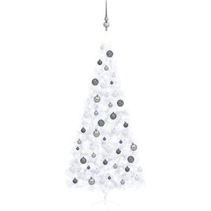 The Living Store Kunstkerstboom - Halve PVC boom - 125 cm breed - LED-verlichting - Met kerstballen en piek - Wit - USB-aansluiting