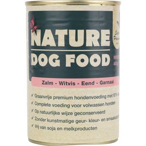 Nature Dog Food -zalm-witvis-eend-garnaal & zoeteaardappelen-wortel-spinazie 60% (vers) vlees - graan vrij - natuurlijke ingredi�nten - blik - 400 gram