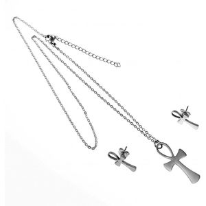 Ankh Ketting-Set Dames - Stalen Zilverkleur - Ketting + Ankh-Kruishanger + Ankh-Oorbellen