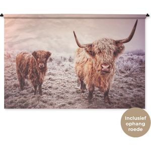 Wandkleed Schotse Hooglanders  - Ondergesneeuwde Schotse hooglanders Wandkleed katoen 180x120 cm - Wandtapijt met foto XXL / Groot formaat!