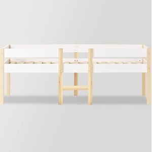 Merax Houten Kinderbed 90x200 - Bed met Ladder en Uitvalbeveiliging - Scandinavische Peuterbed - Wit