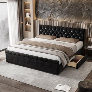 KOMHTOM Tweepersoonsbed 180x200 cm Bed met 2 laden fluweel stof gestoffeerd volwassenenbed zwart