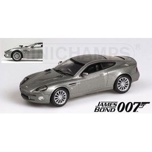 The 1:43 Diecast Modelcar of the Aston MartinV12 Vanquish of the James Bond Movie ,Die Another Day of 2002. The manufacturer of the scalemodel is Minichamps.