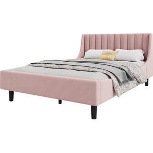 Merax Gestoffeerd Bed 140x200 cm – Minimalistisch Bed van Fluweel met Lattenbodem - Roze (Zonder Matras)