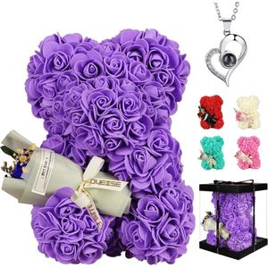 Handgemaakte Rozenbeer - Schattige Bloemenbeer - Valentijnscadeau Voor Haar - Moederdag - Verjaardagscadeau - Bruidsdouche - Met Transparante Geschenkdoos Van 10 Inch (Paars)