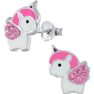 Joy|S - Zilveren baby eenhoorn oorbellen 8 x 10 mm kristal roze unicorn