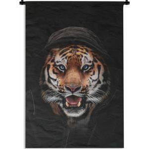 Wandkleed TijgerKerst illustraties - Een tijger met een capuchon op tegen een zwarte achtergrond Wandkleed katoen 120x180 cm - Wandtapijt met foto XXL / Groot formaat!