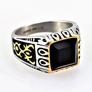 Zegelring Heren - Stalen Goud/Zilver Kleur - Ring met Zwarte Onyx Steen