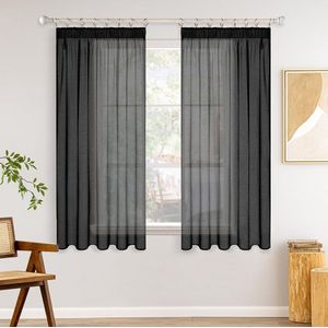 Vitrage Gordijnen met Plooiband - Set van 2 - Zwart - 140 x 175 cm