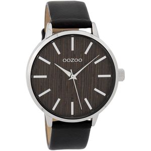 OOZOO Timepieces - Zilverkleurige horloge met zwarte leren band - C9254