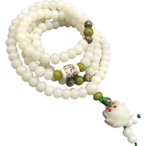 Mala ketting 108 Kralen Wit Lotus | boeddhisme | Yoga | Meditatie | Kralenketting | Rozenkrans | Jade