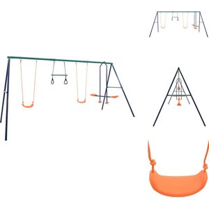 vidaXL Schommelset - Stalen A-frame - 2 enkele schommels - 2 gymnastiekringen - face-to-face schommel - blauw/groen/oranje - 380 x 156 x 180 cm - Speeltoestellencombinatie