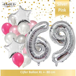 Cijfer Ballon 69 Jaar Zilver Roze White Pearl Boeket * Hoera 69 Jaar Verjaardag Decoratie Set van 15 Ballonnen * 80 cm Verjaardag Nummer Ballon * Snoes * Verjaardag Versiering * Verjaardag Decoratie * Silver Pink Pearl White* Nummer Ballon 69