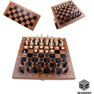 Schaakbord - Backgammon - Dambord (8x8) - 39 x 39 cm - Schaakspel - Schaakset - Schaken - Dammen - Met Schaakstukken - 3-in-1 Bordspel - Chess - Hout - Opklapbaar