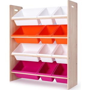 Massief Houten Speelgoedkast - Opbergkist Kinderen - Naturel O&P - W85,5 x D30 x H103 cm met 12 Opslagbakken - Speelgoedrek - Speelgoedkast - Speelgoedbox - Kinderboekenkast - Kinderkast - Opbergkast voor Kinderen - Montessori Speelgoedplank Ongecoat