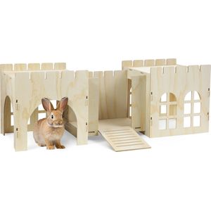 Navaris houten kasteel voor konijn - Speel- en slaaphuisje voor konijn - Voor binnen en buiten het hok - 114 x 40 x 38,5 cm - Groot - Dikke mdf-plaat