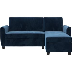 Noah | Slaapbank 3-zits met chaise longue in fluweel donkerblauw
