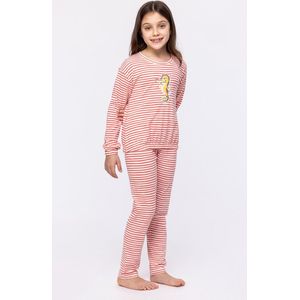 Woody pyjama meisjes/dames - koraal/wit gestreept - zeepaardje - 241-10-PZB-Z/922 - maat 128