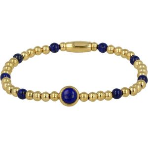 *My Bendel - Goudkleurige armband met Lapis Lazuli edelsteen bedel - Bedelarmband met bijzondere combinatie van Lapis Lazuli edelsteen en edelstaal - Met luxe cadeauverpakking