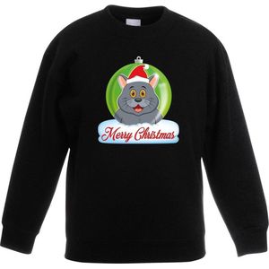 Kersttrui Merry Christmas grijze kat / poes kerstbal zwart jongens en meisjes - Kerstruien kind 110/116
