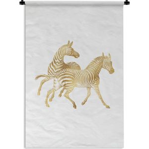 Wandkleed Vintage Afrikaanse dieren - Vintage afbeelding van Afrikaanse zebra's in het goud op een witte achtergrond Wandkleed katoen 120x180 cm - Wandtapijt met foto XXL / Groot formaat!