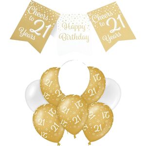 Paperdreams Luxe 21 jaar feestversiering set - Ballonnen & vlaggenlijnen - wit/goud