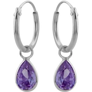 Zilveren oorbellen | Oorringen met hanger | Zilveren oorringen met hanger, druppelvormig kristal amethyst