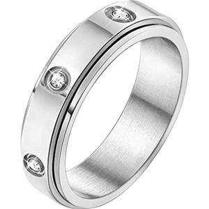 Anxiety Ring - (Zirkonia) - Stress Ring - Fidget Ring - Anxiety Ring For Finger - Draaibare Ring - Spinning Ring - Zilverkleurig RVS - (17.25 mm / maat 54)